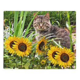 Tabby Cat Sitting in Garden with Sunflowers Jigsaw Puzzle