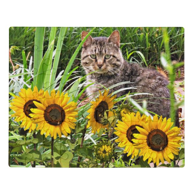 Tabby Cat Sitting in Garden with Sunflowers  Jigsaw Puzzle (Puzzle Horizontal)