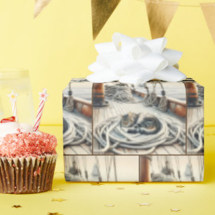 Tabby Cat Sleeping On Boat Ropes Wrapping Paper