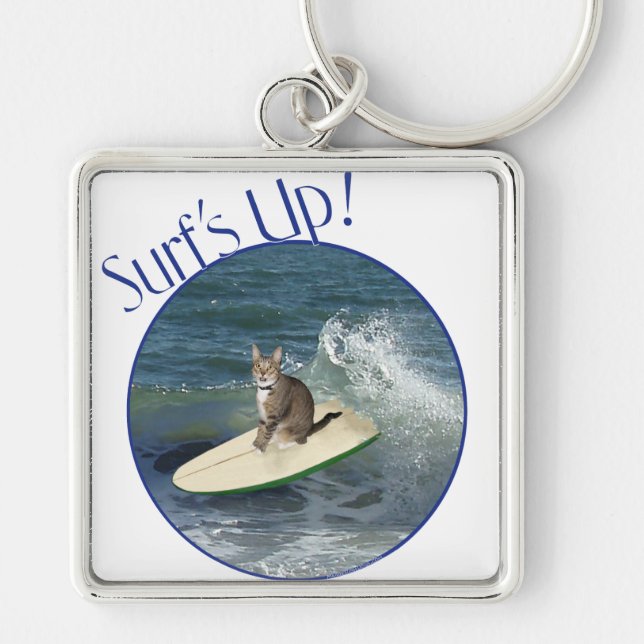 Tabby Cat Surf's Up! Keychain (Front)