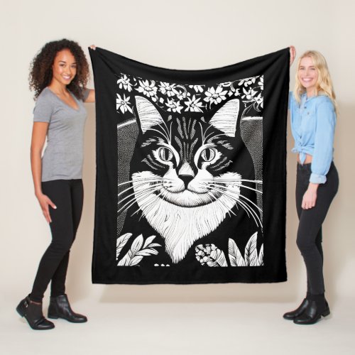 Tabby Cat Surrounded with Flowers Fleece Blanket