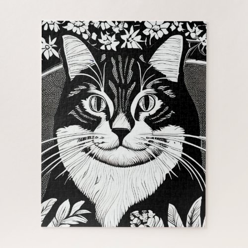 Tabby Cat Surrounded with Flowers Jigsaw Puzzle