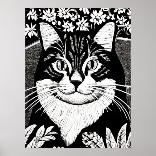 Tabby Cat Surrounded with Flowers Poster