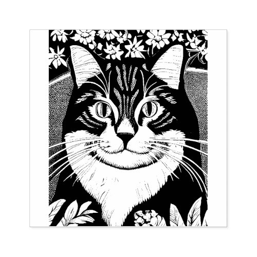 Tabby Cat Surrounded with Flowers Rubber Stamp