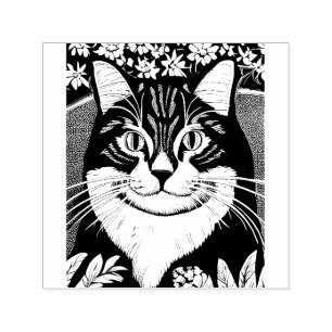 Tabby Cat Surrounded with Flowers Self-inking Stamp