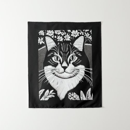 Tabby Cat Surrounded with Flowers Tapestry