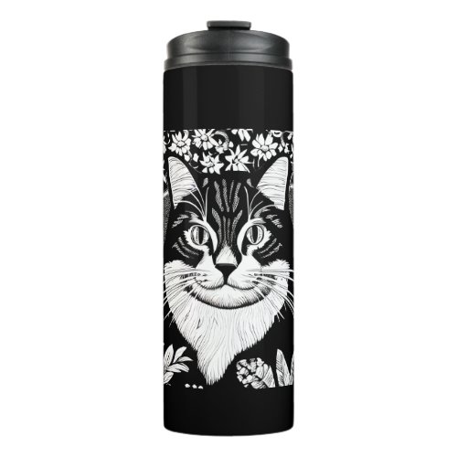 Tabby Cat Surrounded with Flowers Thermal Tumbler