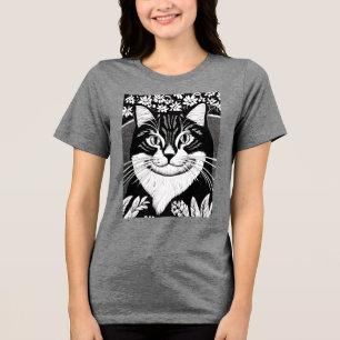 Tabby Cat Surrounded with Flowers Tri-Blend Shirt