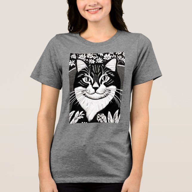 Tabby Cat Surrounded with Flowers Tri-Blend Shirt (Front)
