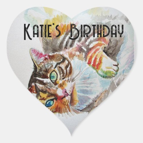 Tabby Cat Tabbies Feline Pet Watercolor Birthday H Heart Sticker