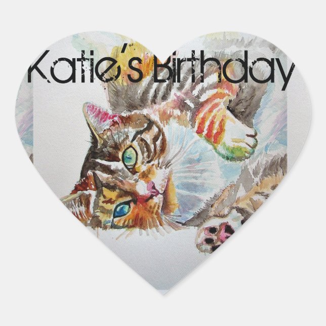 Tabby Cat Tabbies Feline Pet Watercolor Birthday Heart Sticker (Front)