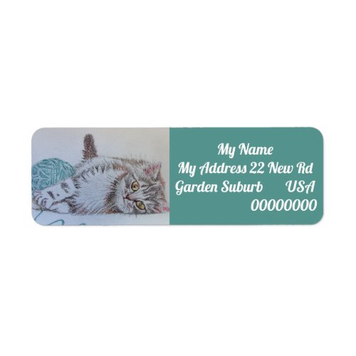 Tabby Cat Teal Playing Wool Return Address Labels