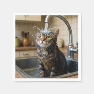 Tabby Cat Under a Kitchen Faucet Napkins