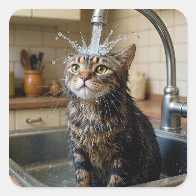 Tabby Cat Under a Kitchen Faucet Square Sticker (Front)