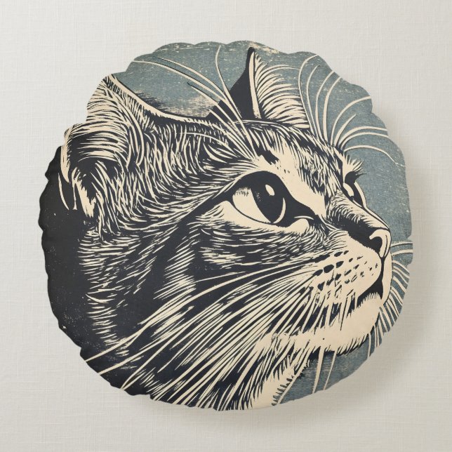 Tabby Cat Vintage Lino Print  Round Pillow (Front)