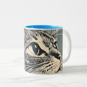 Tabby Cat Vintage Lino Print  Two-Tone Coffee Mug