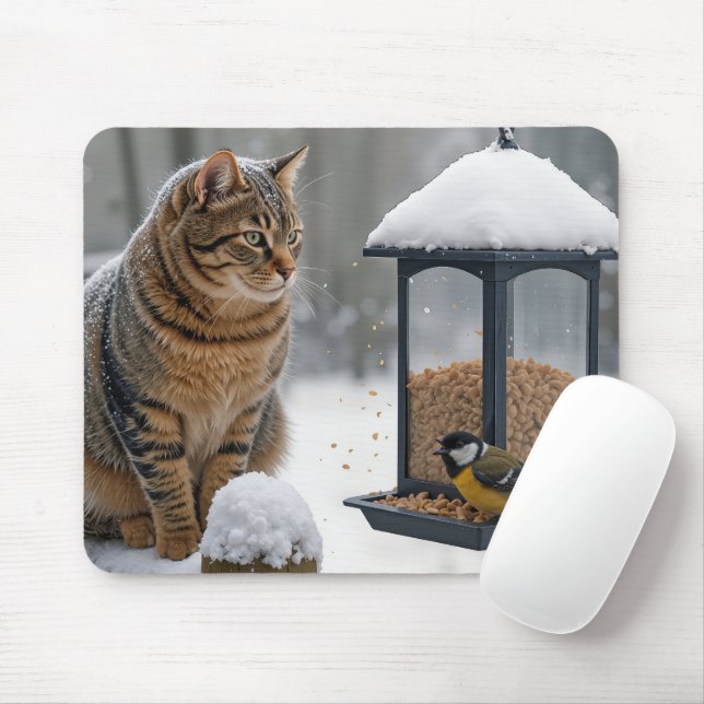 Tabby Cat Watching a Bird On a Feeder Mouse Pad (With Mouse)