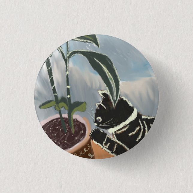 Tabby Cat Watching House Plants  Button (Front)