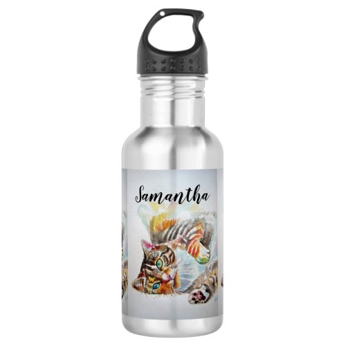 Tabby Cat Watercolor Art Cat Cats Water Bottle