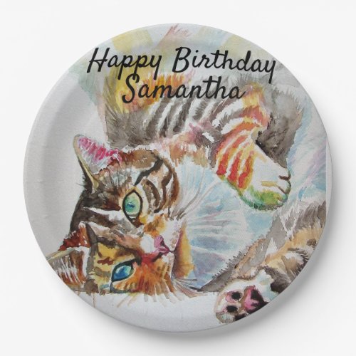 Tabby Cat Watercolor Birthday Party Paper Plate