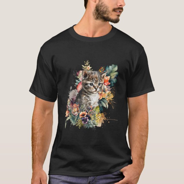 Tabby Cat Watercolor Cute Kitten Cat T-Shirt (Front)