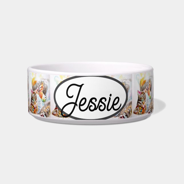 Tabby Cat Watercolor Painting Art Cats Pet Name Bowl (Front)