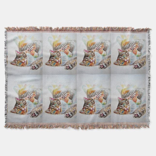 Tabby Cat Watercolour Cats Art Pet Throw Rug Throw Blanket (Front)