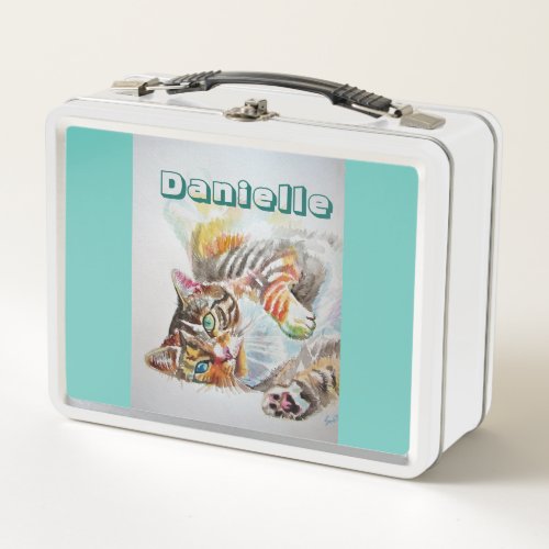 Tabby Cat Watercolour Cute Chids Name Lunch Box