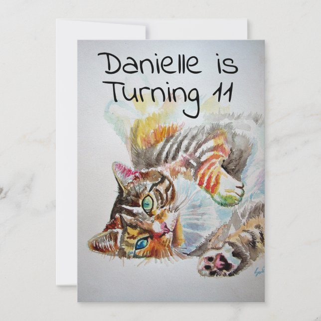 Tabby Cat Watercolour Girls Birthday Invitation (Front)