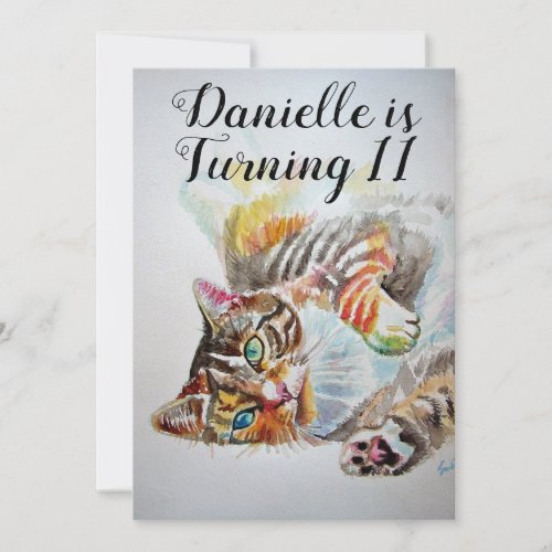 Tabby Cat Watercolour Girls Birthday Invitation