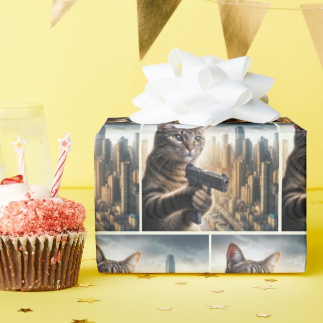 Tabby Cat with a Gun Wrapping Paper (Birthday Party)