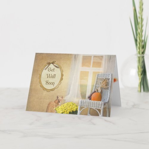 tabby cat with autumn pumpkins get well soon card