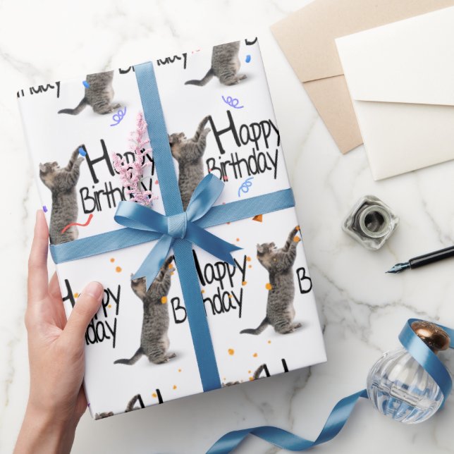 Tabby Cat with Birthday Text and Confetti Wrapping Paper (Gifting)