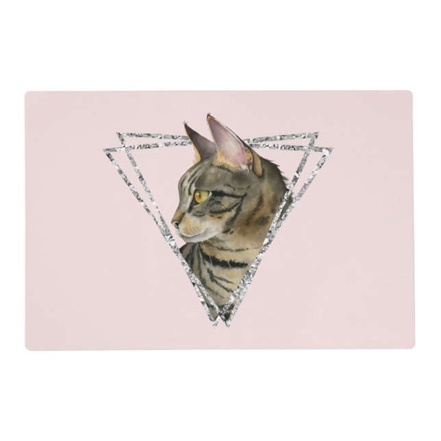 Tabby Cat with Faux Silver Glitter Frame Placemat (Front)