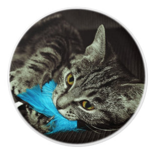 Tabby Cat with Feather by Shirley Taylor Ceramic Knob