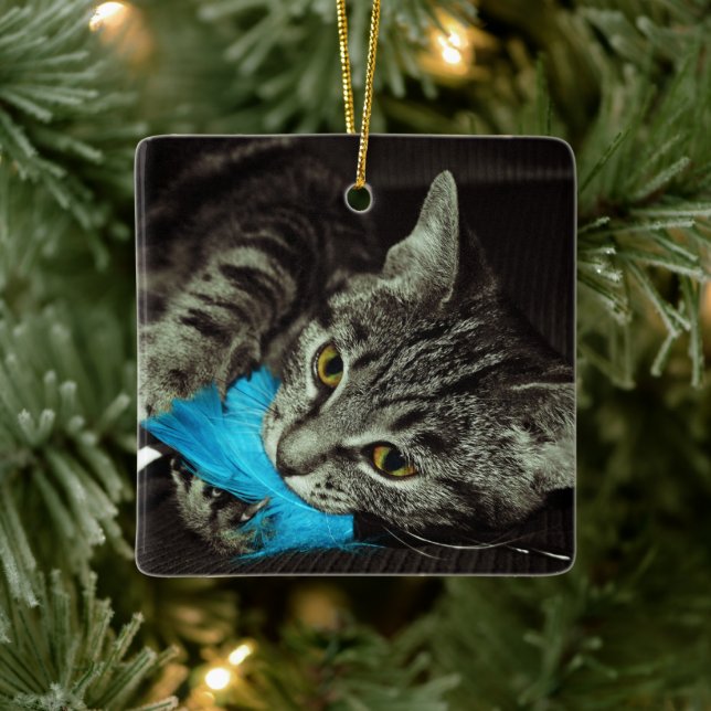 Tabby Cat with Feather by Shirley Taylor Ceramic Ornament (Tree)