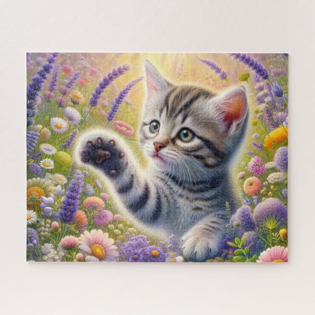 Tabby Cat With Flowers Jigsaw Puzzle (Horizontal)