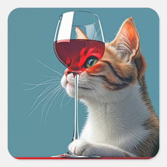 Tabby Cat With Glass of Red Wine Square Sticker (Front)