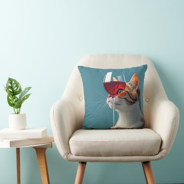 Tabby Cat With Glass of Red Wine Throw Pillow (Chair)