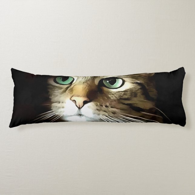 Tabby Cat With Green Eyes Isolated On Black Body Pillow (Front)