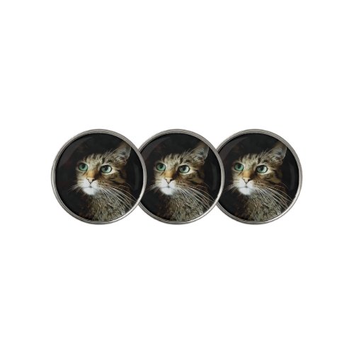 Tabby Cat With Green Eyes Isolated On Black Golf Ball Marker