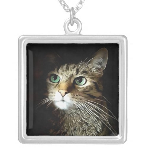 Tabby Cat With Green Eyes Isolated On Black Silver Plated Necklace