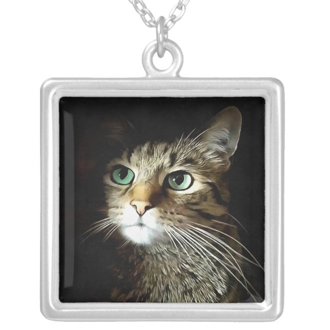 Tabby Cat With Green Eyes Isolated On Black Silver Plated Necklace (Front)