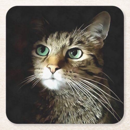 Tabby Cat With Green Eyes Isolated On Black Square Paper Coaster