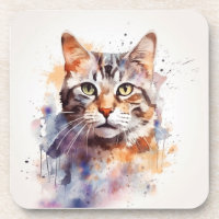 Tabby Cat with Green Eyes, Pet Watercolor Beverage Coaster