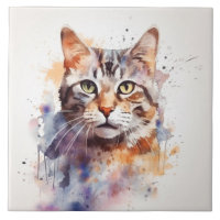 Tabby Cat with Green Eyes, Pet Watercolor Ceramic Tile