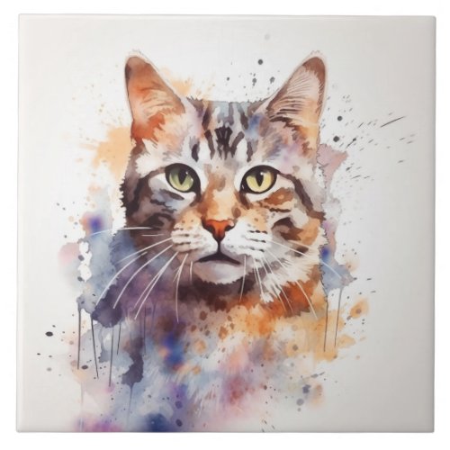 Tabby Cat with Green Eyes Pet Watercolor Ceramic Tile