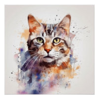 Tabby Cat with Green Eyes, Pet Watercolor Poster