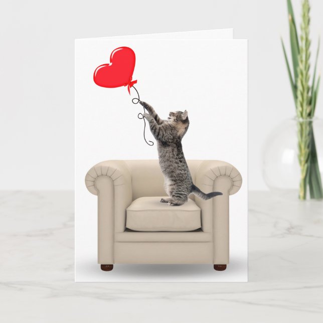 Tabby Cat With Heart Balloon Card (Front)