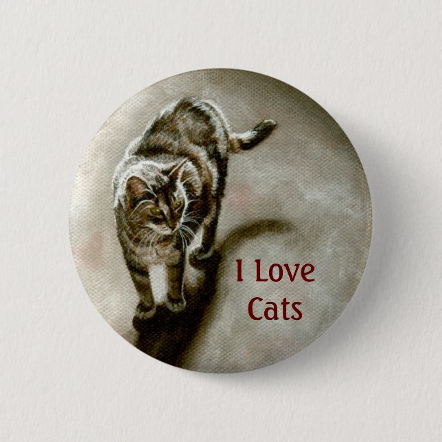 Tabby Cat with shadow, I Love Cats Button (Front)